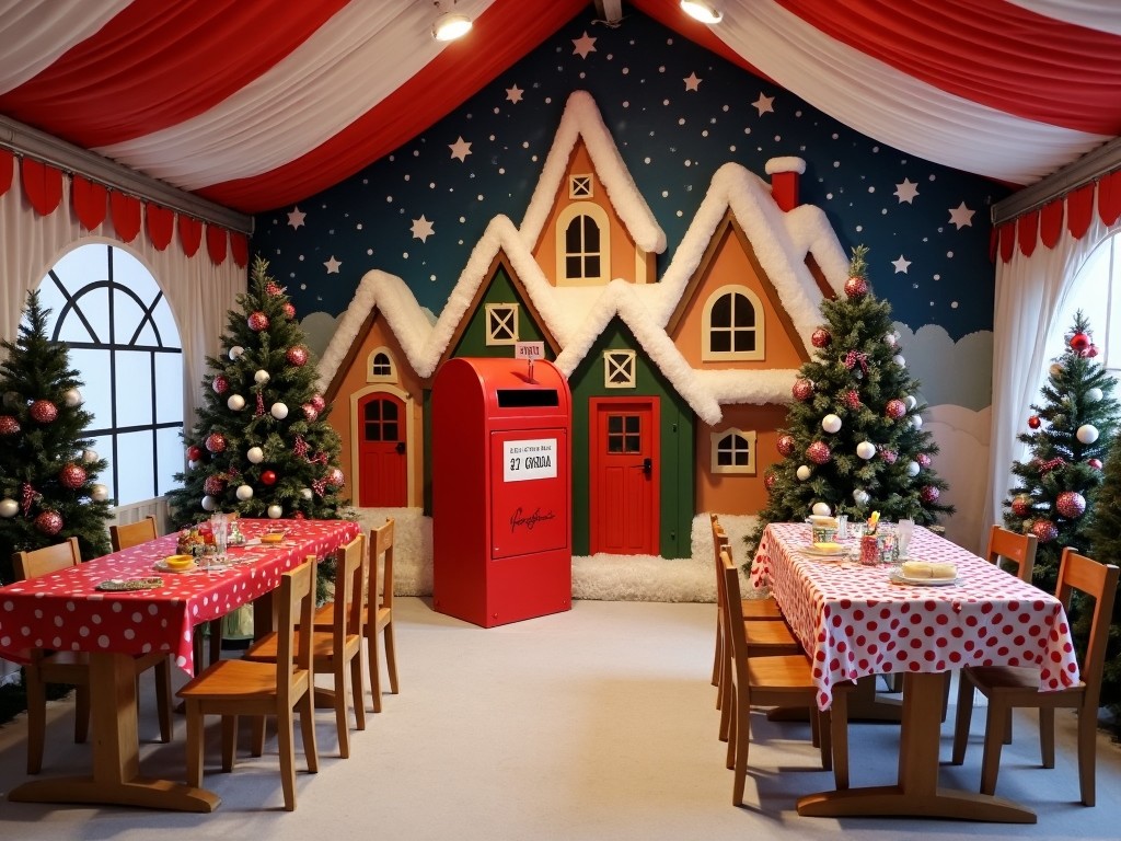 The image depicts a vibrant and festive Christmas-themed dining area. It features two tables covered in polka-dotted red tablecloths, ready for a holiday meal. Behind the tables, there are charming decorated houses and a bright red mailbox, symbolizing the spirit of Santa Claus. The walls are adorned with a wintery sky and snow-covered trees, enhancing the festive atmosphere. This setting is perfect for family-friendly celebrations during the holiday season.