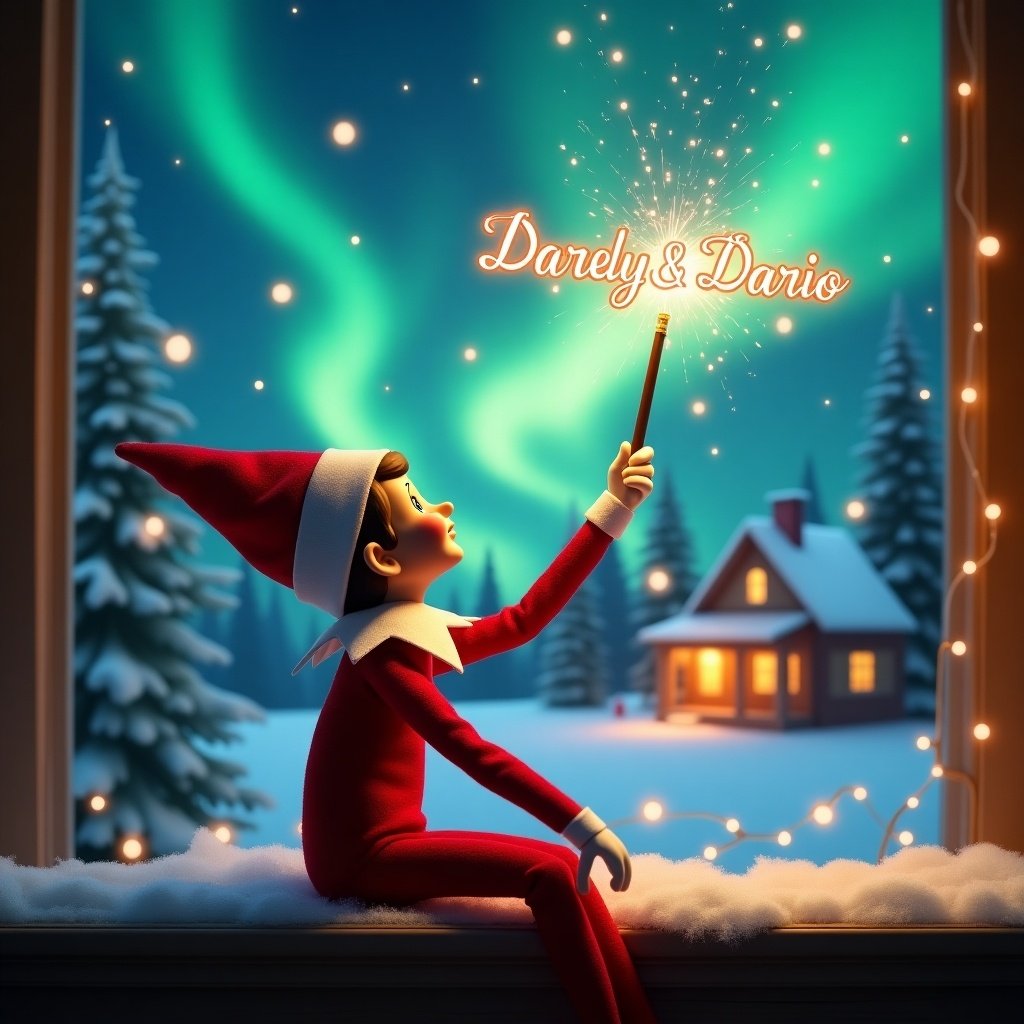 An elf on the shelf gazes skyward with a glowing wand in hand. The background features colorful northern lights above a cozy holiday house. Snow blankets the ground, enhancing the winter scene. The elf creates the name Darely & Dario in sparkling light, evoking holiday magic.