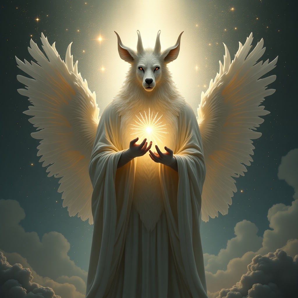 A sacred creature with a deer head and angelic wings stands in a celestial background. It holds radiant energy in its hands. The scene is digital and realistic, featuring high detail and a masterpiece quality.