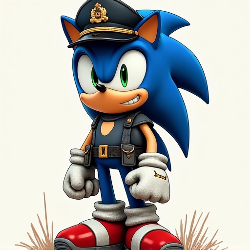 Sonic wears a peaked cap and fatigues. No background. He stands confidently. He has blue fur and green eyes. The outfit has military elements. His shoes are red and white. He wears gloves.