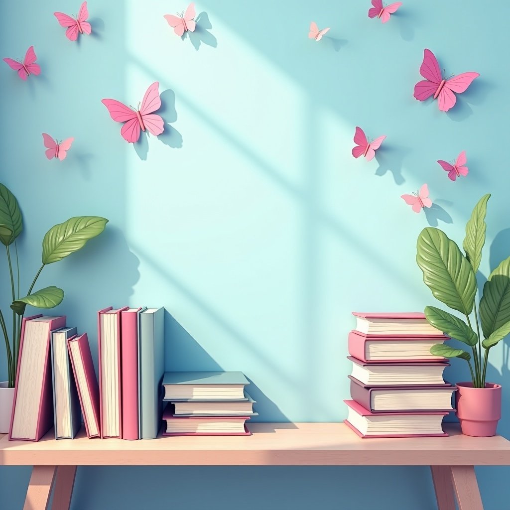 Illustration design room with stacked books on a table. Light blue walls decorated with pink butterflies. Green plants add freshness.