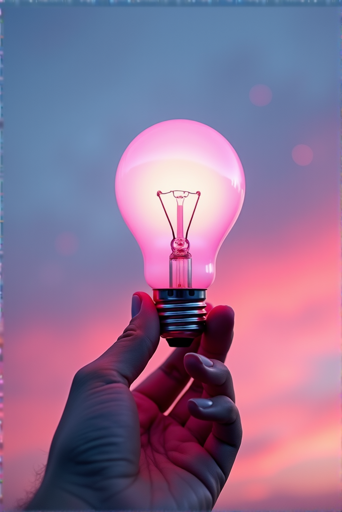 A hand holds a pink-lit incandescent bulb against a serene sunset sky, blending hues of purple and blue.