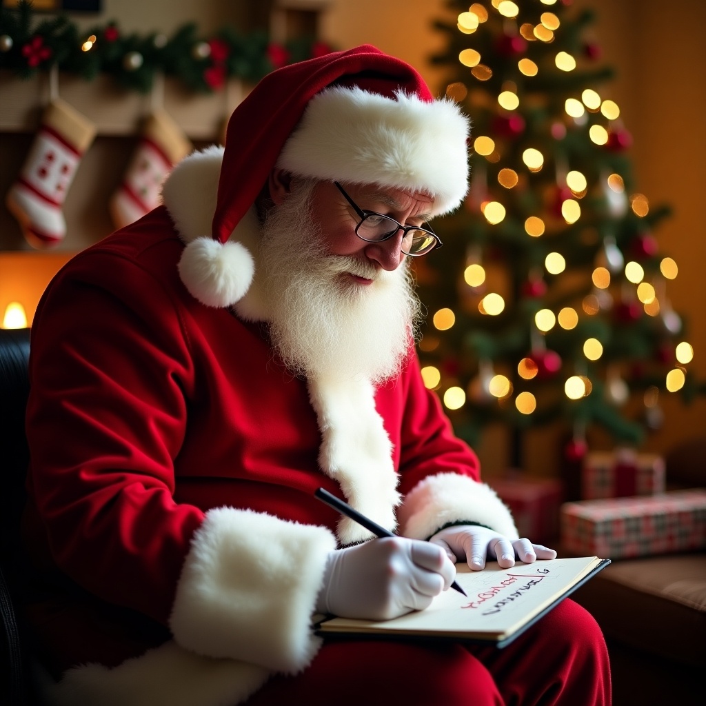 Santa is seated in a cozy setting. He is writing a name on a notepad. The background features a beautifully decorated Christmas tree. The atmosphere is warm and inviting.