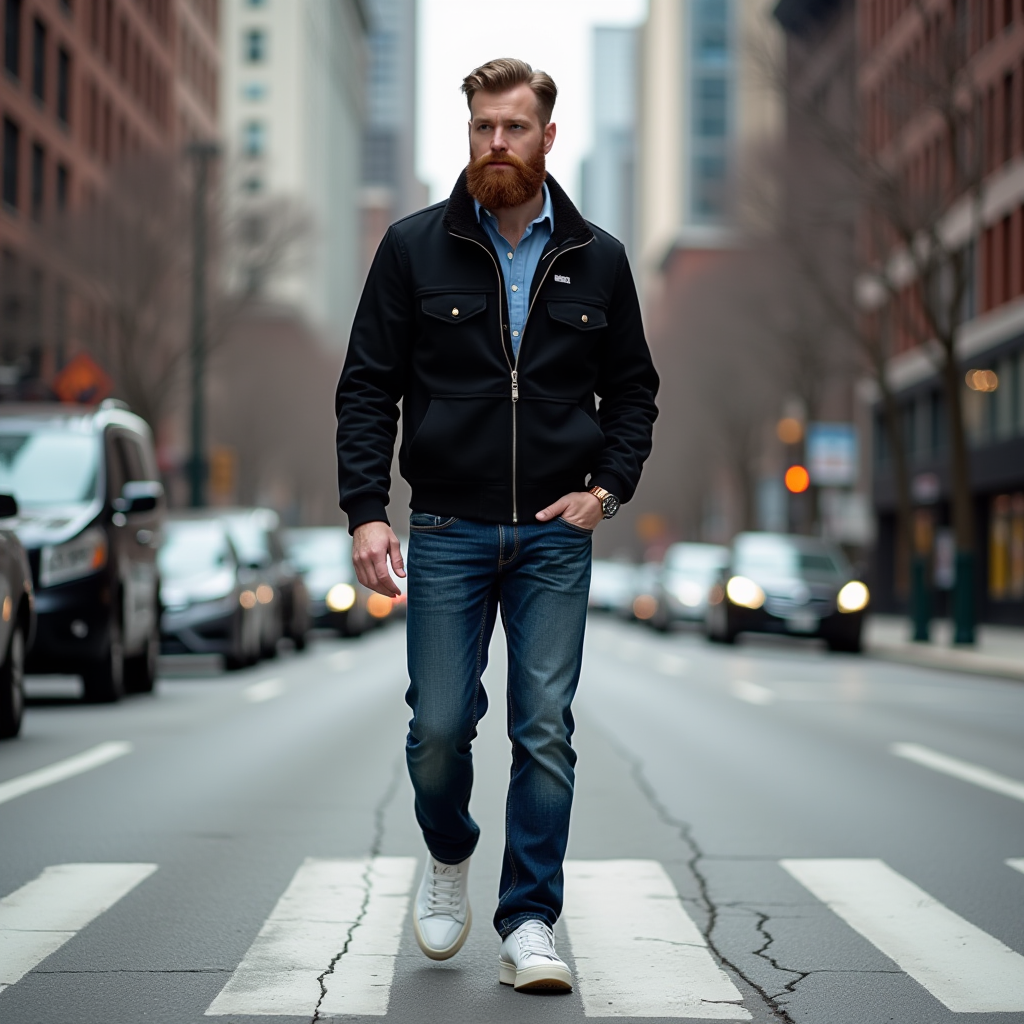 The image depicts a man with a full beard and hair styled neatly as he confidently strides across a city street. He is wearing a black jacket with buttoned pockets and a blue shirt underneath. His attire is completed with blue jeans and white sneakers. The street is flanked by tall buildings on both sides, and there are cars on the road with headlights on, indicating it's either early morning or dusk. The atmosphere is urban and modern, with a slight blur in the background, focusing on the man's determined walk.