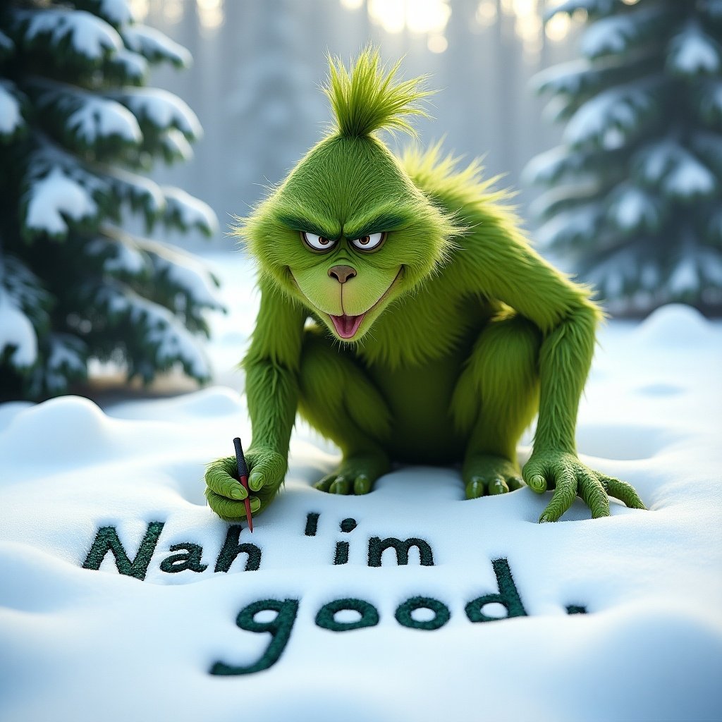 The Grinch is writing the phrase 'Nah, I'm good' in the snow with a playful expression. Snow-covered landscape with pine trees in the background.