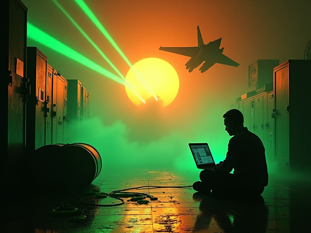 The image depicts a dramatic scene in a gloomy lab setting. An engineer is sitting on the floor, focused on programming on his laptop. Next to him stands a large electrical control panel, and in the distance, there are barrels oozing glowing green goo. Bright green laser beams cut through the smoky background, illuminating the scene. Above, the sky is ablaze with a vivid orange hue, featuring rays from the sun, and a fighter jet passes overhead. The words 'Silex 2 Rise of Brendan' are prominently displayed against the dark background.