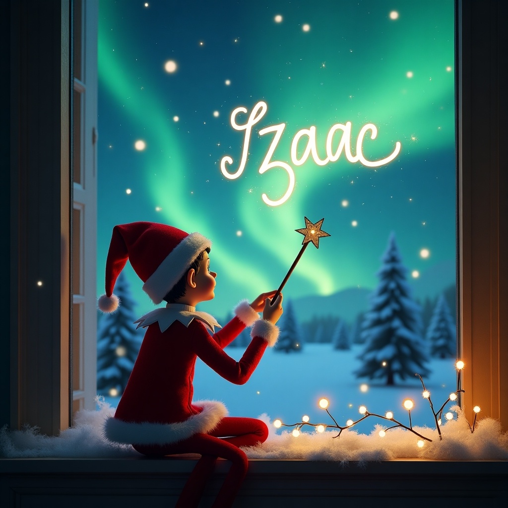 In a cozy room filled with holiday spirit, an elf on the shelf sits by a window. With his back to us, he gazes at the brilliant northern lights outside. Using a sparkly wand, he magically writes the name 'Izaac' in the night sky. The scene captures the essence of Christmas with snowy trees illuminated by the enchanting glow. Twinkling fairy lights adorn the windowsill, creating a warm and festive atmosphere. This image blends childhood wonder with the magic of the Christmas season.