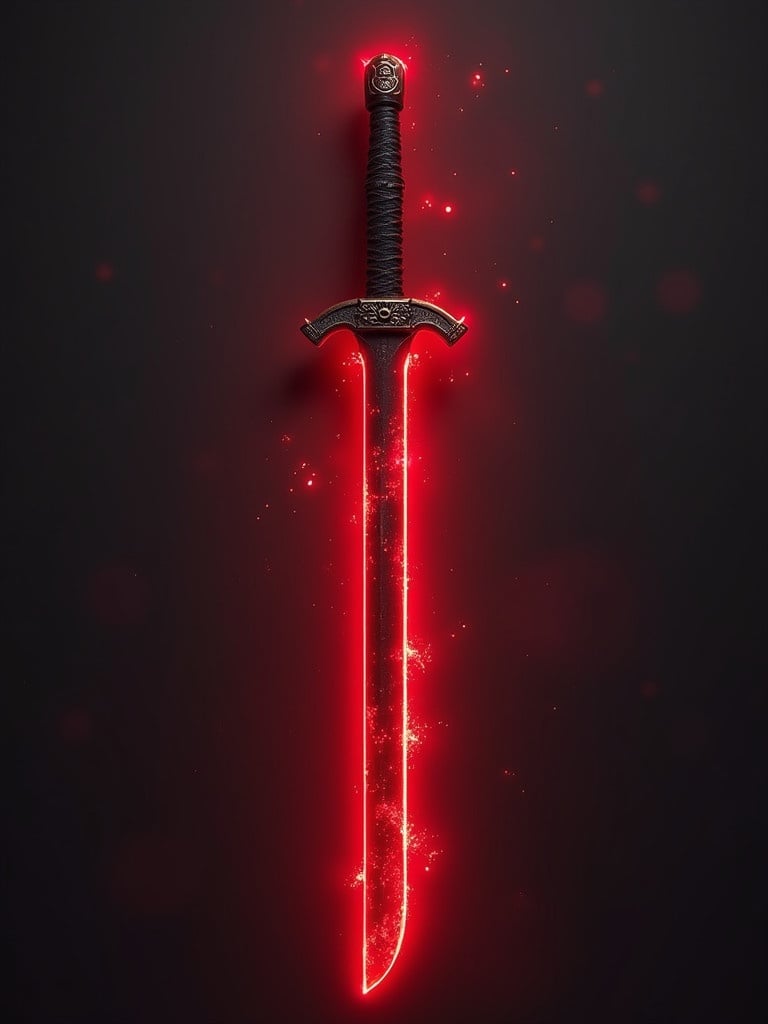 A sharp black samurai katana glows with red hextech energy. The katana is presented vertically against a dark background. The overall effect is striking with magical elements surrounding the blade.