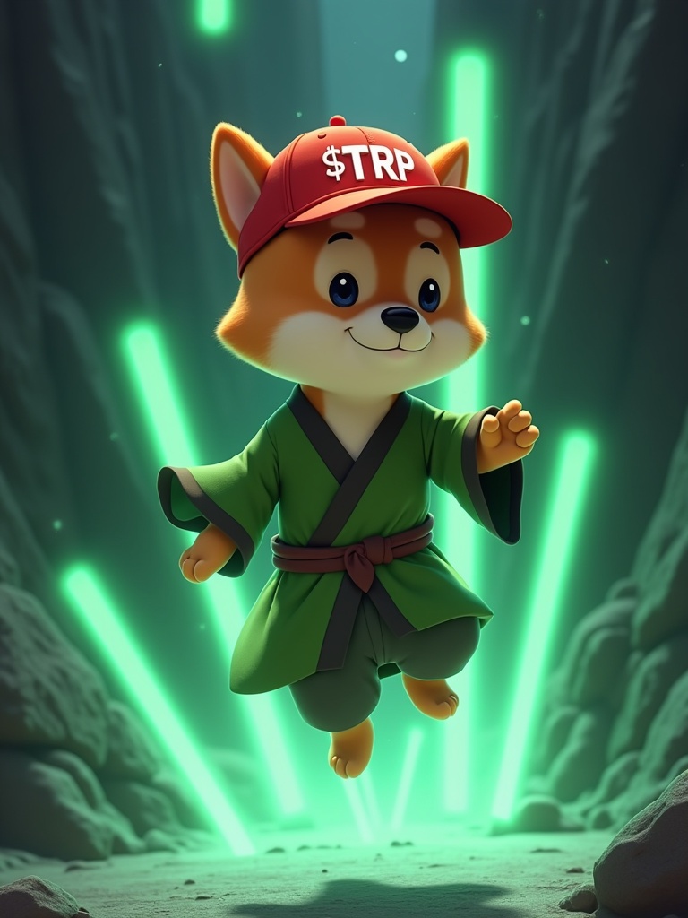 Stylized illustration of a dog character wearing a red cap with the text $TRP. The character levitates amidst glowing green rays. The dog wears a green robe and dark pants. The setting features a dark rocky background. The illustration has a vibrant anime style with bold lines.