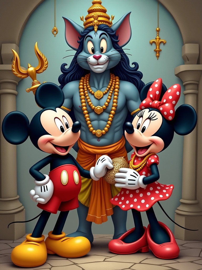 Portrait features Mickey Mouse Minnie Mouse Tom & Jerry Chhota Bheem and Indian cartoon characters in a vibrant depiction with a fusion character representing Lord Shiva.