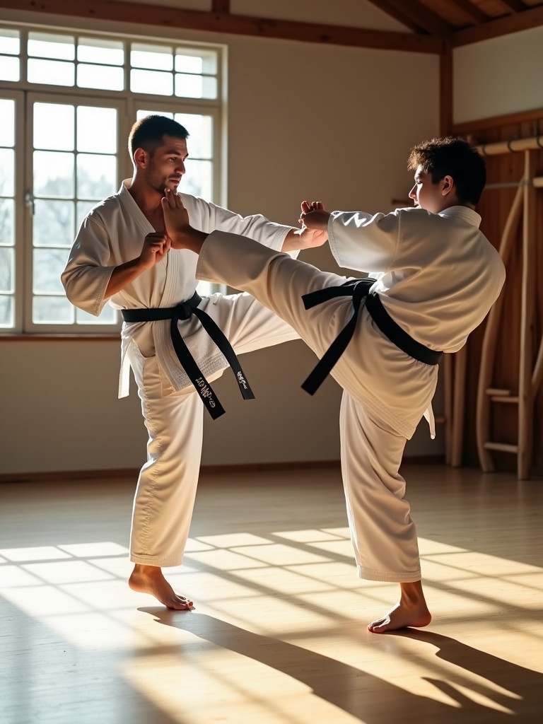 Image shows martial arts session inside dojo. Two practitioners showcase skills. One performs high kick while the other defends. Natural light enhances focus. Wooden equipment in background emphasizes tradition.