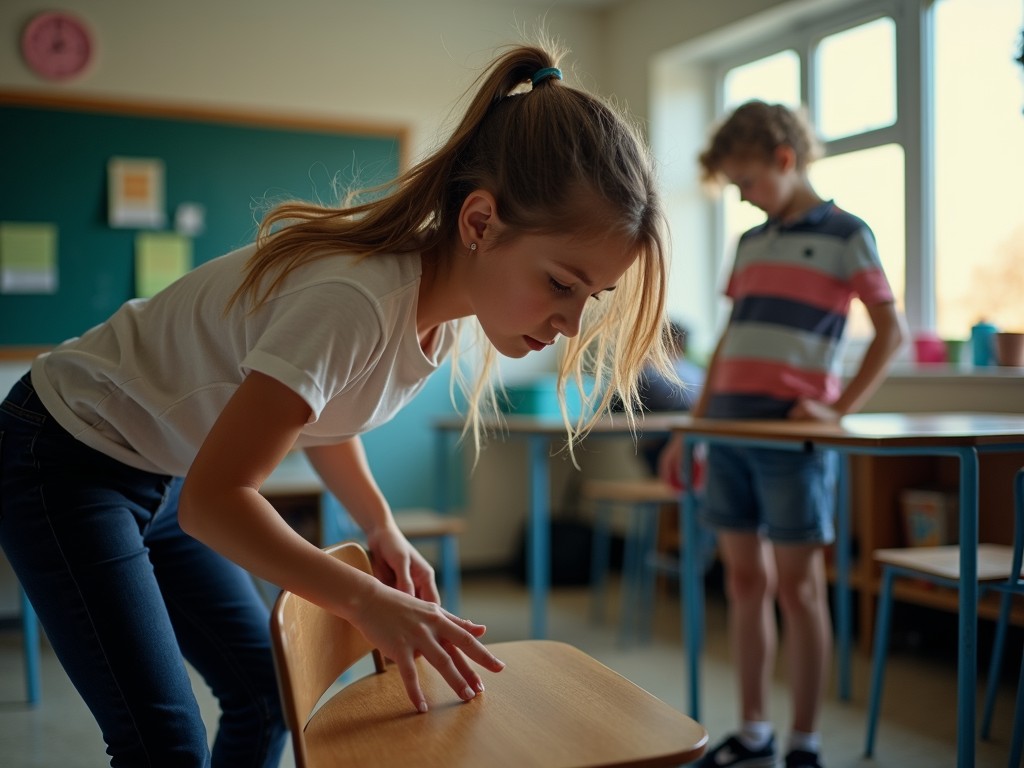 In a sunlit classroom, a young girl leans over a wooden desk with focused curiosity, exploring something unseen. The background reveals another child standing thoughtfully, with the soft glow of the afternoon sun streaming through large windows. The room gives a sense of nostalgia with its classic school setting and chalkboard on the wall.