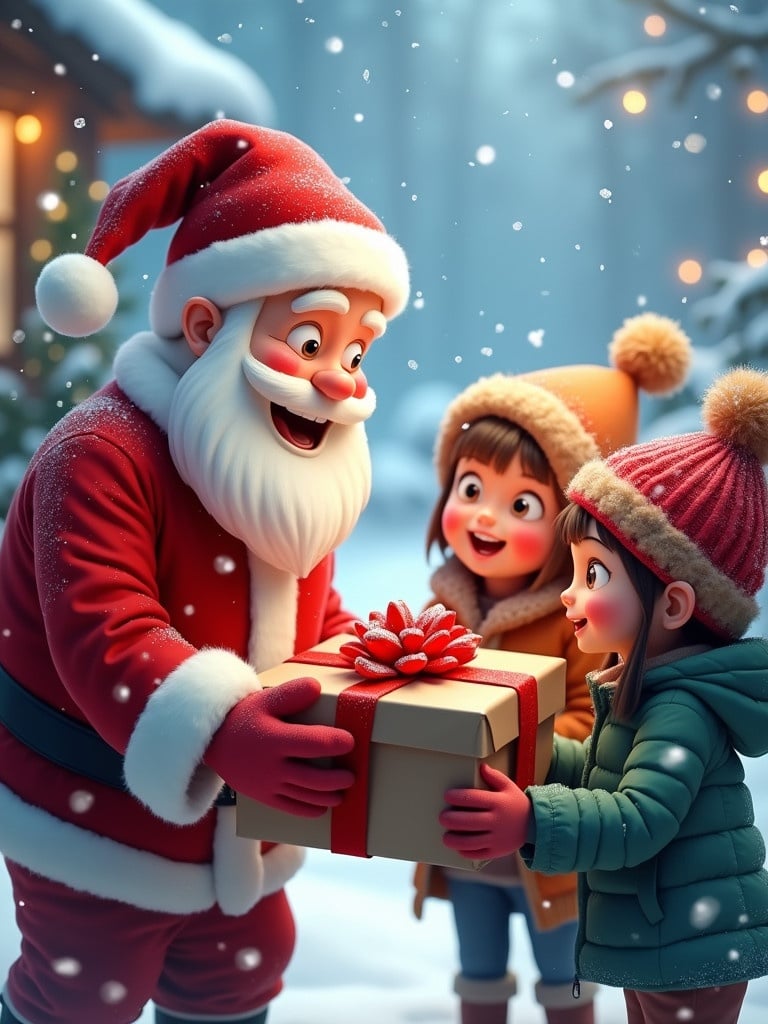 Joyful Santa Claus in red suit hands a gift to excited children. Kids wear colorful hats and jackets. Background features Christmas lights. Snowflakes fall gently.