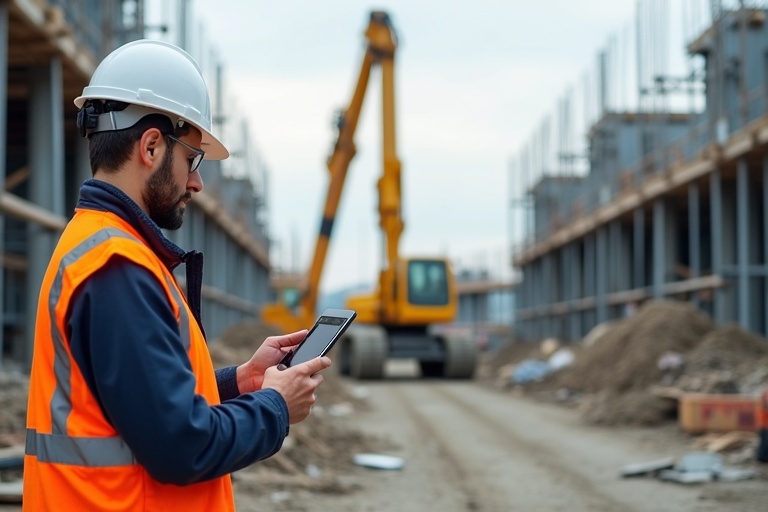 A construction worker standing on a site checks a wireless device. The worker wears a safety helmet and a bright orange vest while a crane is visible in the background. The environment shows building structures and machinery.