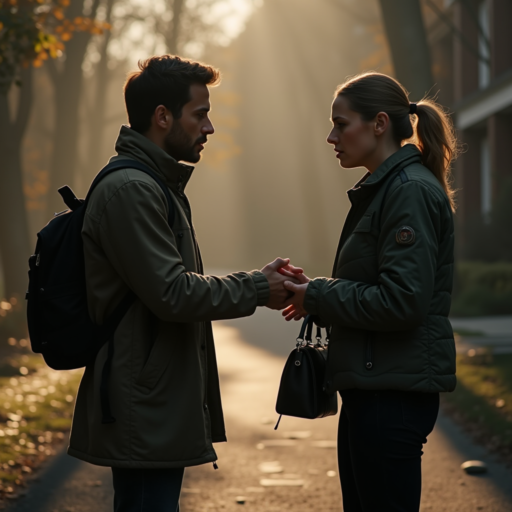 A couple holding hands on a sunlit path, exchanging a heartfelt goodbye.