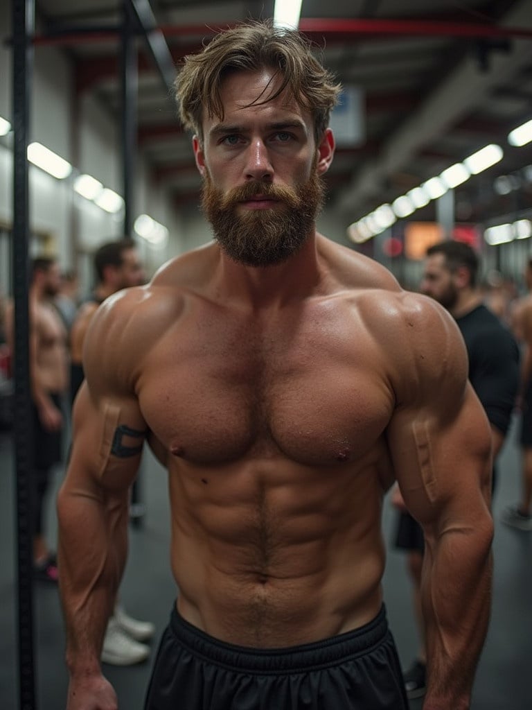 A muscular individual showcasing fitness in a gym setting. The focus is on strength and athleticism with other people training in the background.