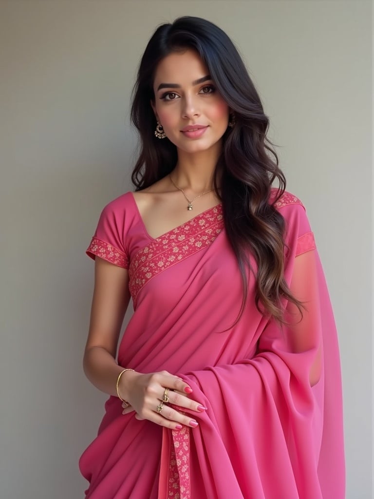 A young woman wears a pink saree. The saree has intricate borders. The woman's hairstyle is loose waves. She presents an elegant pose. The background is neutral. Emphasis on the details of the saree.