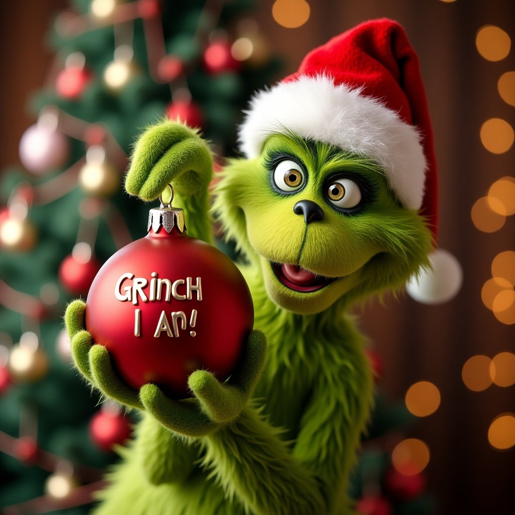 Grinch holding a red ornament saying Grinch I Am. Christmas tree in the background. Grinch wearing a Santa hat. Bright colorful festive setting.