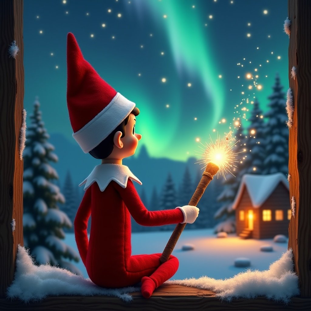 An elf on the shelf sits with its back to the viewer. The elf gazes skyward while holding a glowing wand. A charming Christmas scene features colorful northern lights. A cozy house is visible in the distance. Snow lies on the ground. The elf embodies the magic and wonder of Christmas. The name ‘Josh, Enzo & Laila’ appears in the air from the wand.