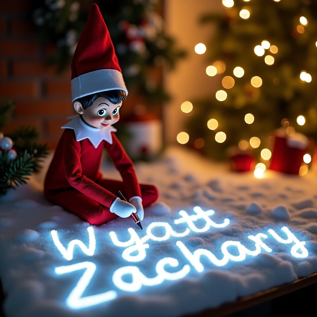 Elf on the shelf writing names Wyatt and Zachary in snow using glowing lights. Christmas setting with soft lighting and festive decorations.