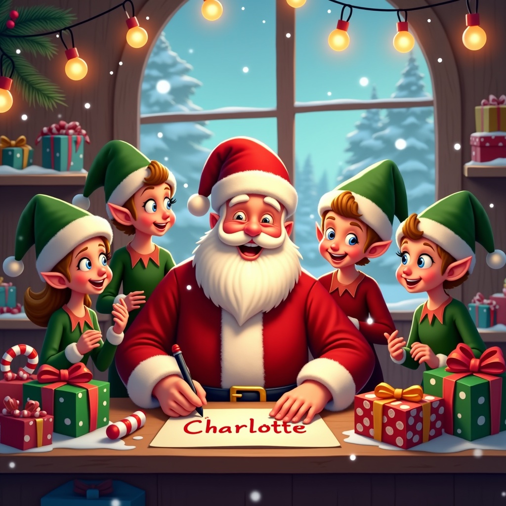 This is a joyful Christmas scene set inside a workshop. Santa Claus is doing a festive activity, surrounded by cheerful elves who are all smiling and enjoying the moment. The elves are dressed in green hats and red outfits, while Santa wears his iconic red suit. The table is adorned with brightly wrapped presents, enhancing the holiday spirit. Candy canes and colorful ornaments add to the decorations, and snow can be seen through a cheerful window, creating a cozy winter atmosphere. Warm lights illuminate the scene, enriching the festive mood as Santa writes the name Charlotte.