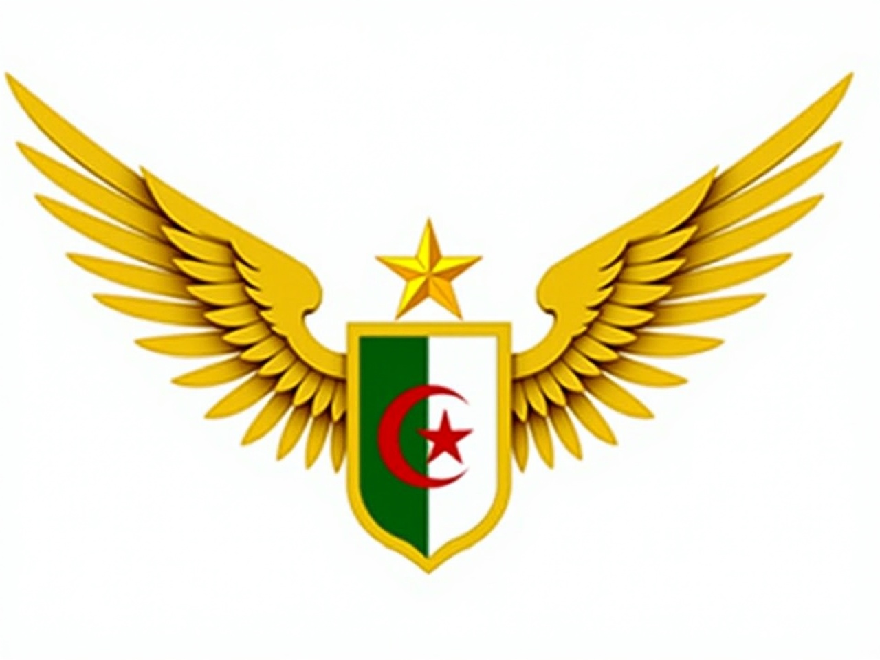 The image features an emblem designed with a pair of prominent golden wings extending outward. At the center, there is a shield displaying the colors of the Algerian flag, featuring a crescent and star in red against a white background. Above the shield, a gold star adds a distinguished touch. The wings are intricately detailed, portraying a sense of elegance and strength. This emblem likely represents a military or national aviation entity. The overall color scheme emphasizes the golden and green tones, signifying valor and pride. The design conveys a sense of unity and national identity.