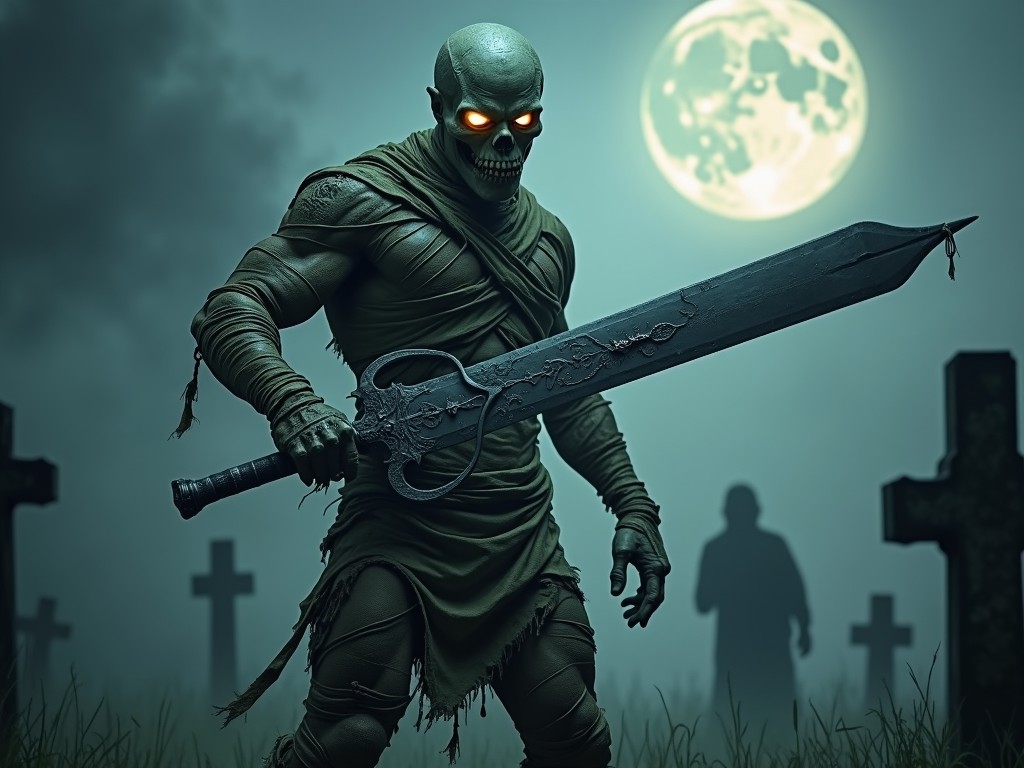 In a dimly lit, eerie graveyard, a menacing figure stands poised for battle, clutching an intricately designed sword. His glowing eyes pierce through the fog, echoing the brightness of the full moon above. Tombstones in the background complete the ominous scene, evoking a sense of dread and suspense.