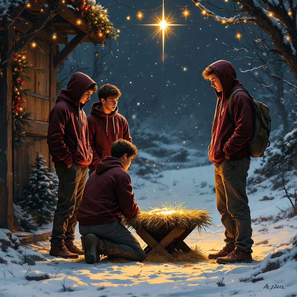 Four athletic sixteen year old boys wearing maroon hoodies stand and kneel. They are looking at a traditional Christmas manger scene with a glowing star above. The scene is outdoors covered in snow with trees in the background decorated with lights.