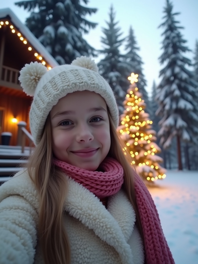 A selfie taken by a girl in a snowy outdoor setting. The background features a cozy cabin surrounded by tall snow-covered pine trees. A beautifully decorated Christmas tree is visible, adding to the serene holiday atmosphere.