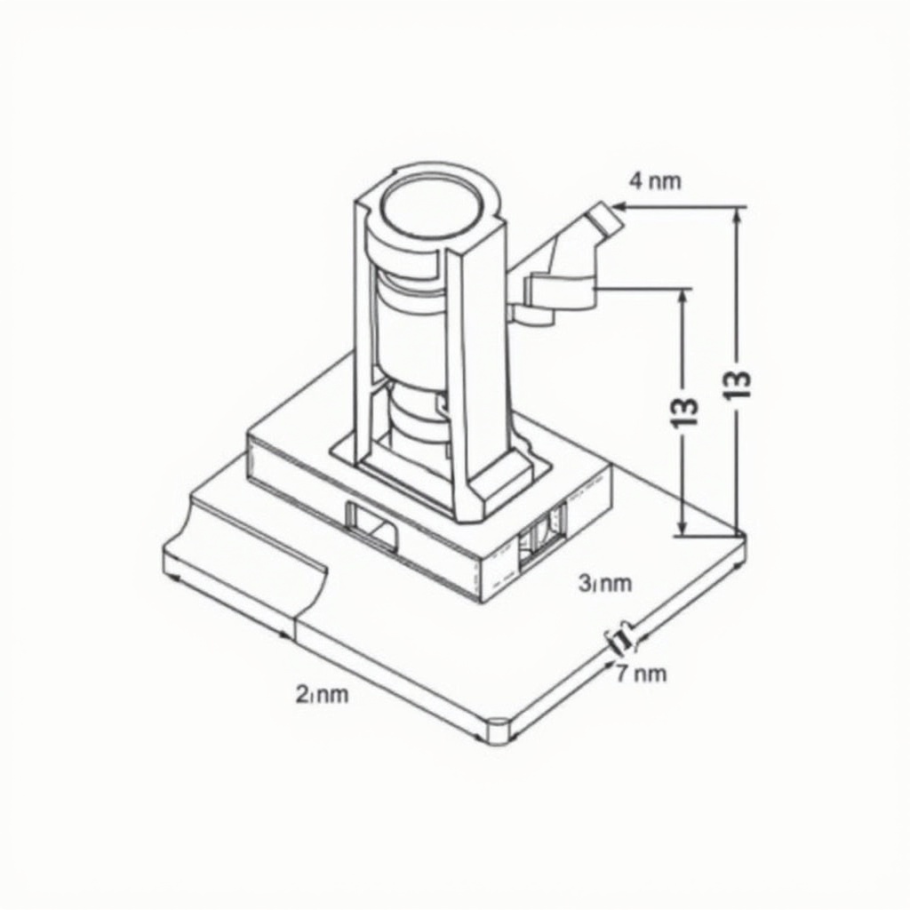 Technical drawing of a mechanical component. Cylindrical shape on top of rectangular base. Various dimensions in millimeters indicated. Features a slot and circular protrusion. Part of a larger assembly or specific machine part.