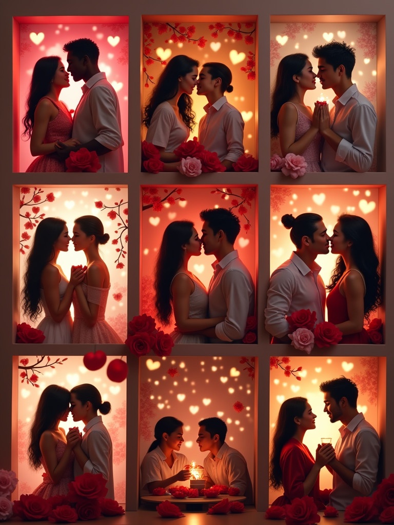 Collage of six distinct boxes featuring loving couples from different backgrounds. Includes a Black couple, an Asian couple, a White couple, a Hispanic couple, a Chinese couple, and a Middle Eastern couple. Each couple portrayed in a romantic setting with themed decorations. The background includes pink and red hearts, roses, and warm lighting. High detail and realistic visuals in 4K resolution.