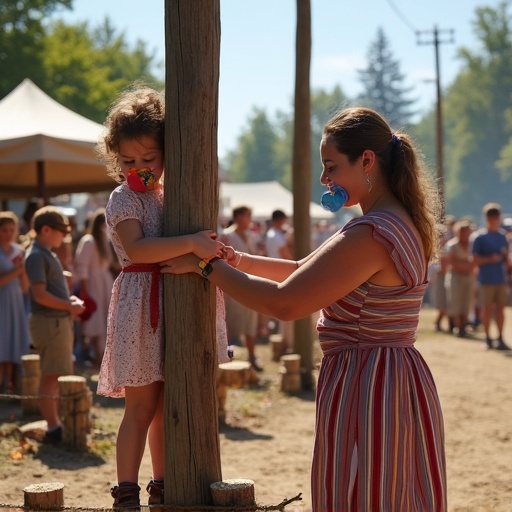 Outdoor scene at a historical festival. Mother ties daughter to a pole. Bright atmosphere with festival tents in the background. Other children tied to poles nearby. Fake fire burning underneath. Festival filled with people.