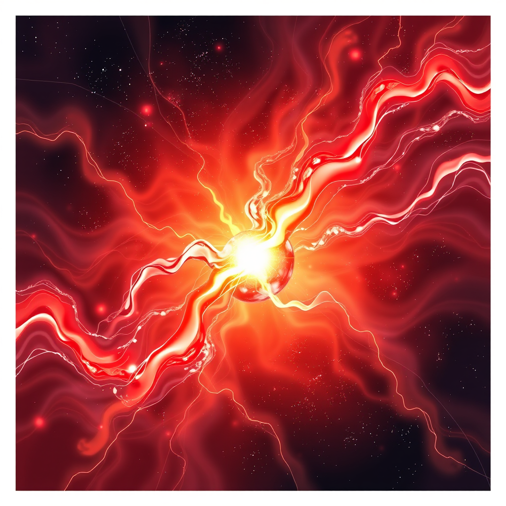 A luminous sphere radiates vibrant red and orange waves of energy amidst a starry cosmic backdrop.