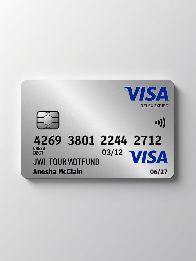 Image of a realistic Visa credit card. Card number is 4269 3801 2244 2712. Name Anesha McClain is under the Visa logo. Expiration date is 06/27. The background is clean silver. Text is in bold black font.