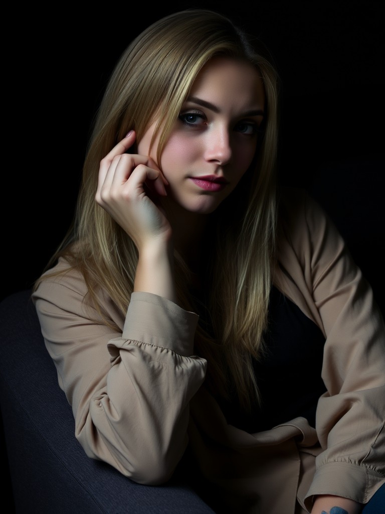 A woman with long hair in a thoughtful pose, captured in soft lighting with a dark background.