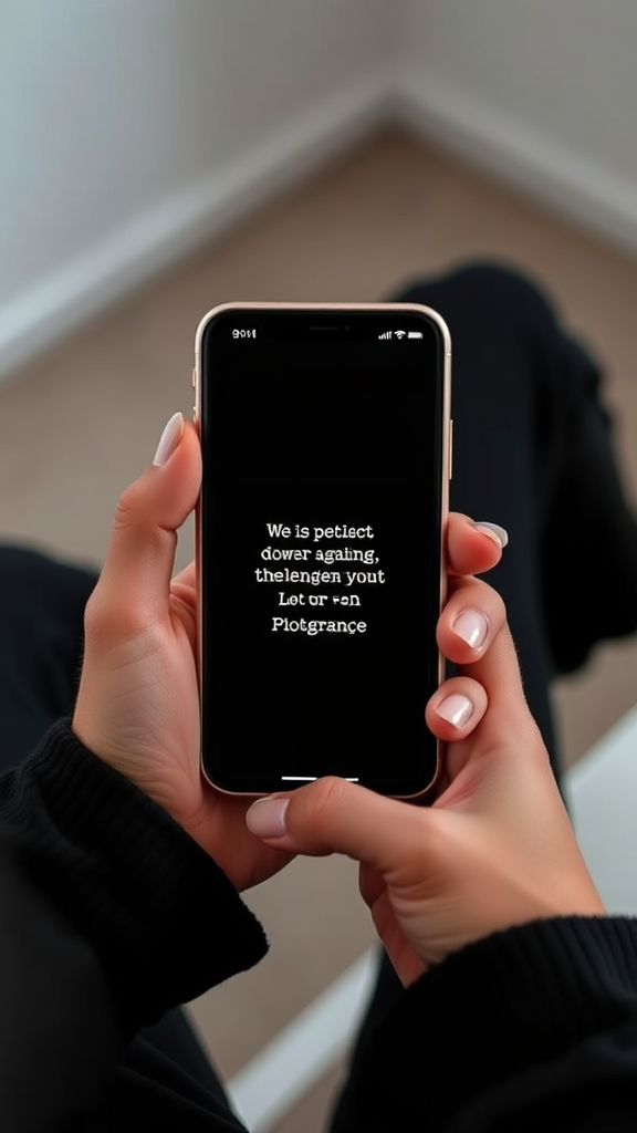 A person holds a smartphone displaying a text message, seated in a minimalistic indoor setting.