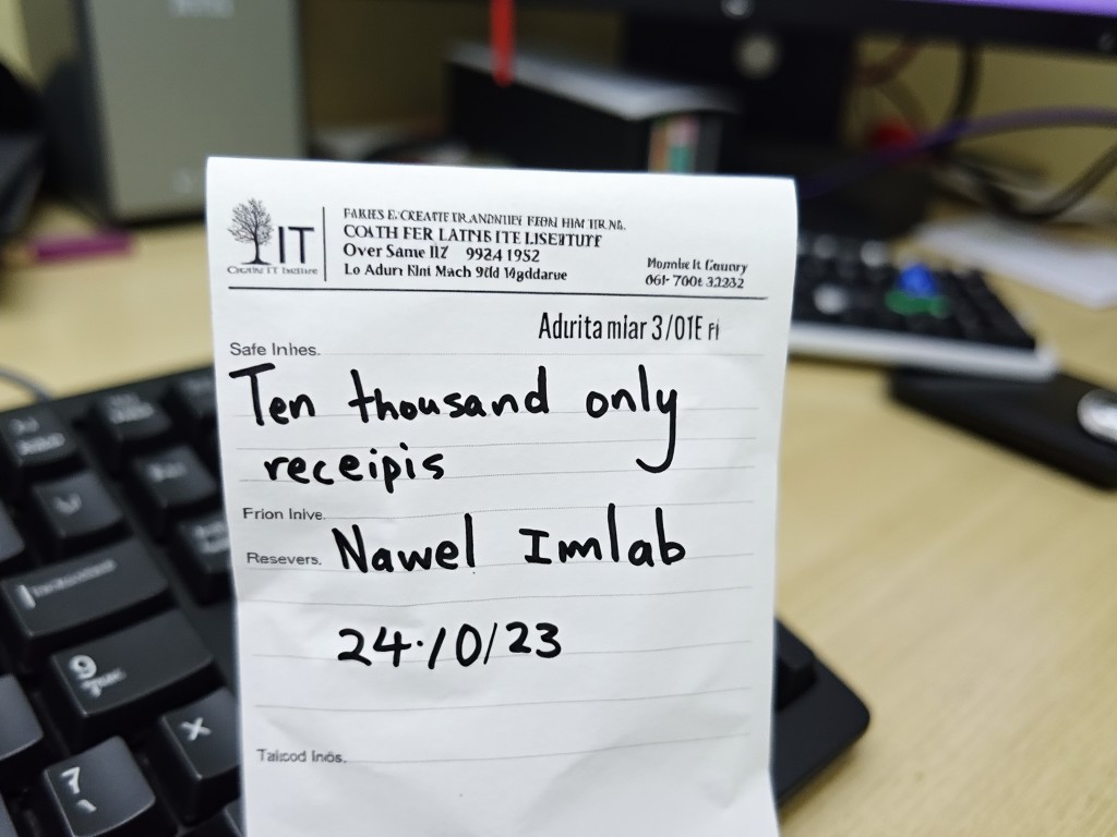 The image shows a receipt from a Creative IT Institute. The handwritten section notes the amount of "Ten thousand only" which suggests a payment or transaction of money. It includes details such as the name 'Nawel Islam' as the receiver. The receipt is dated 24/10/23 and includes what seems to be a transaction ID or a receipt number at the top. The background includes a computer keyboard and other office items, indicating a home or office environment.