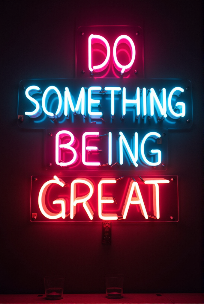 A neon sign with the words 'DO SOMETHING BEING GREAT' in pink and blue lights.