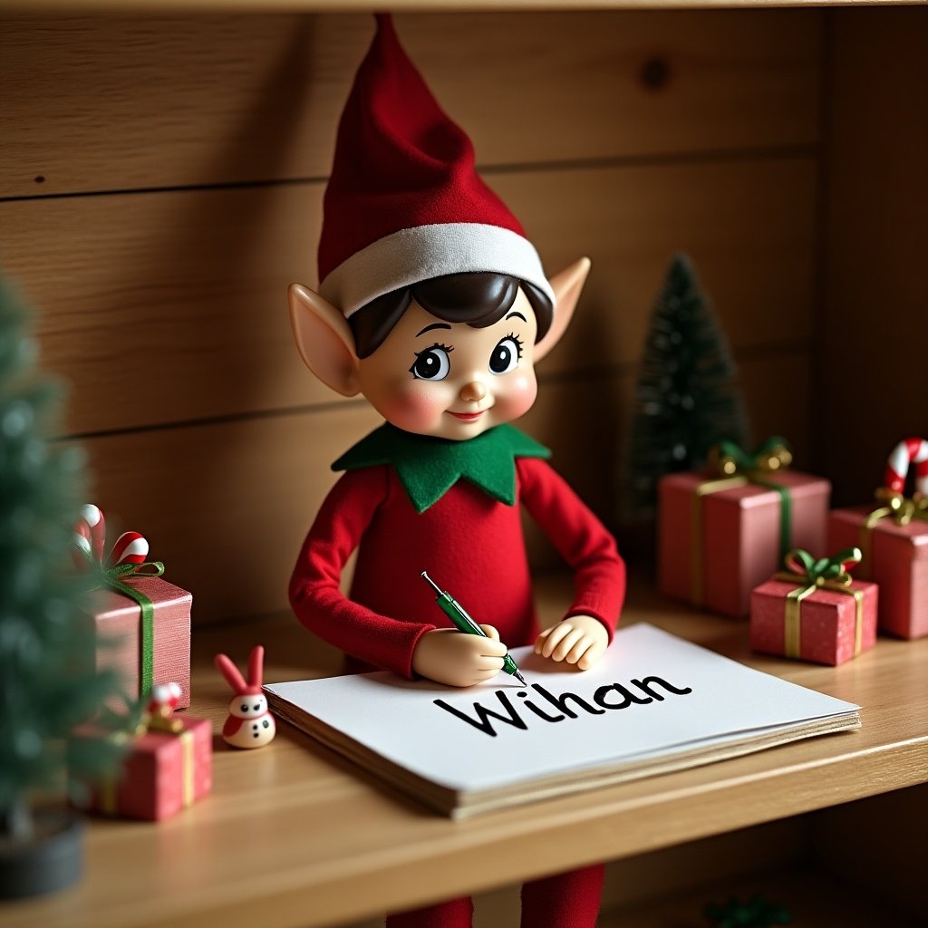 Elf on the shelf writing Wihan. Surrounded by holiday gifts and decorations. Warm and festive setting.