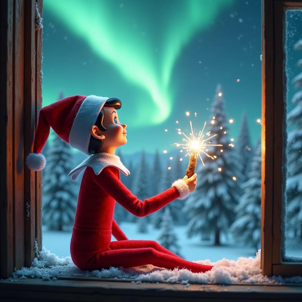 A charming elf on the shelf is sitting on a window ledge. The elf has his back towards the viewer. A magical wand is in his hand creating twinkling sparks. The elf admires the northern lights in a winter wonderland. The background has snow-covered pine trees. The elf wears a vibrant red outfit with white trim creating a festive atmosphere. Aurora borealis colors enhance the magical feel.