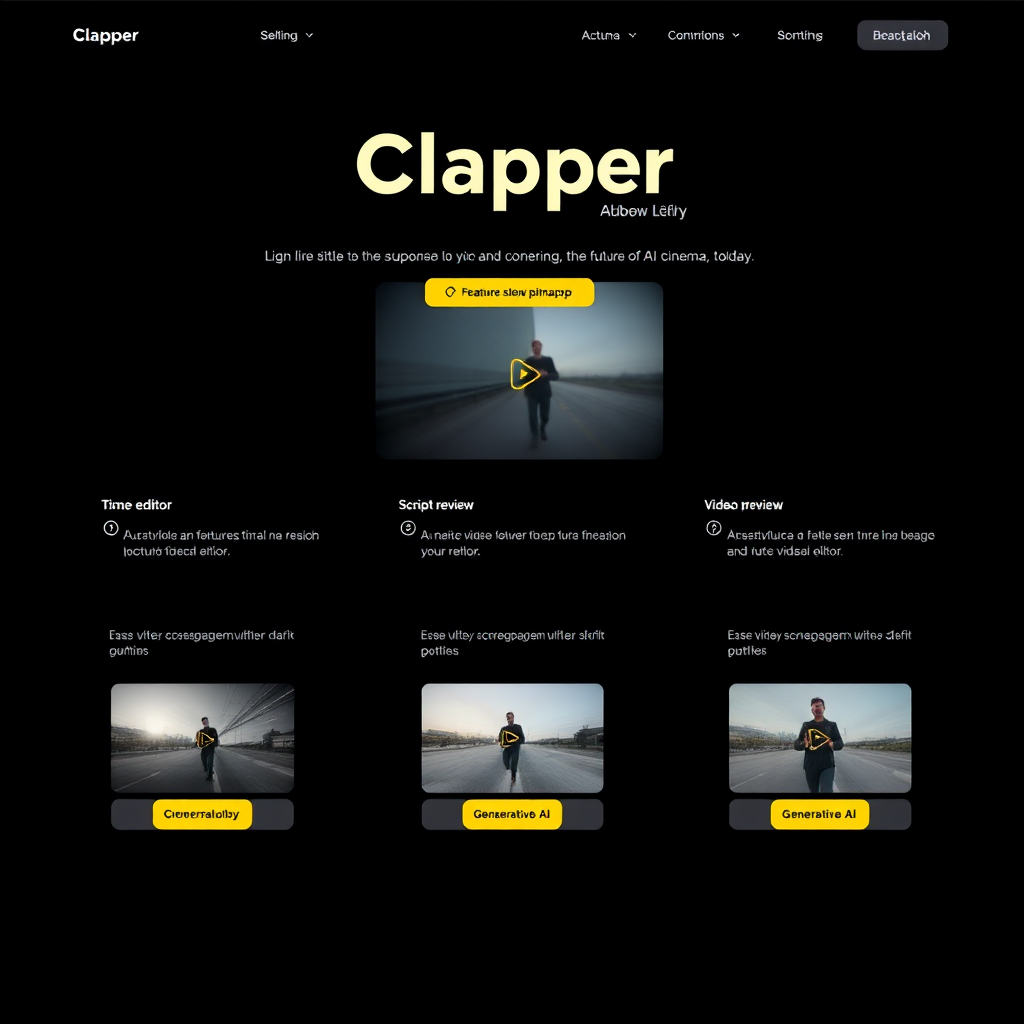 A dark-themed webpage from a platform called 'Clapper' featuring AI cinema tools and video previews.