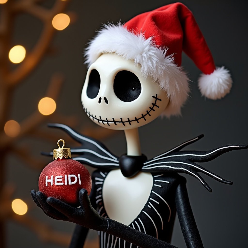 Jack Skellington character in a Christmas hat. Holding a red bauble with the name HEIDI. Background with warm bokeh lights. Focused on the character and the ornament. Holiday theme.