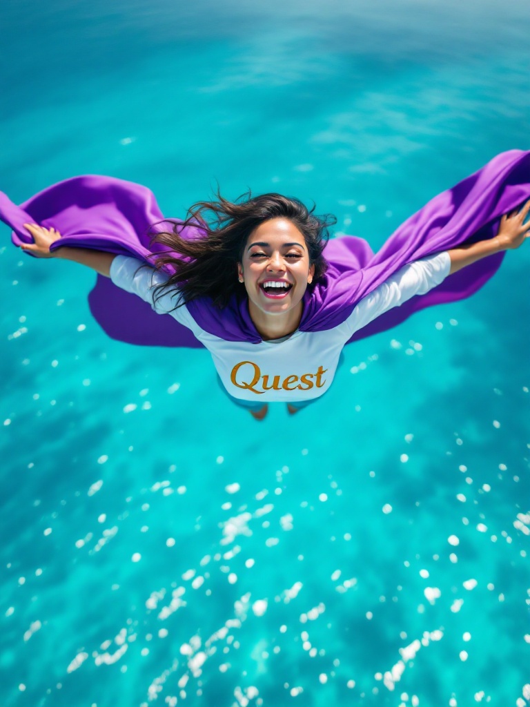 A joyful Latin female daycare teacher soars over the Caribbean Sea. She wears a vibrant purple cape and a white shirt with the word "Quest" in gold. The scene shows turquoise waters and a clear sky. The moment captures adventure, empowerment, and happiness. She embodies exploration and joy in shaping young minds.