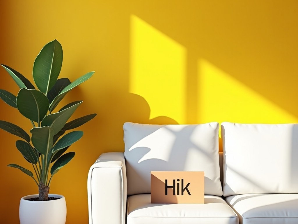 A minimalist living room with a bright yellow wall, white couch, and a potted plant, sunlight streaming in, creating shadows, and a box with the text 'Hik' on the couch.