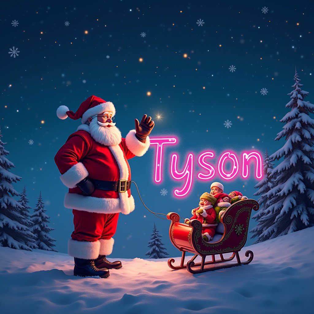 This image features a beautiful Christmas scene with Santa Claus waving joyfully. He is in a snowy landscape, pulling a sleigh with happy children. Above him, the name 'Tyson' is written in a colorful, glowing font. The background is filled with stars and snowflakes, adding to the festive atmosphere. The warm colors and cheerful imagery evoke a sense of joy and celebration during the holiday season.