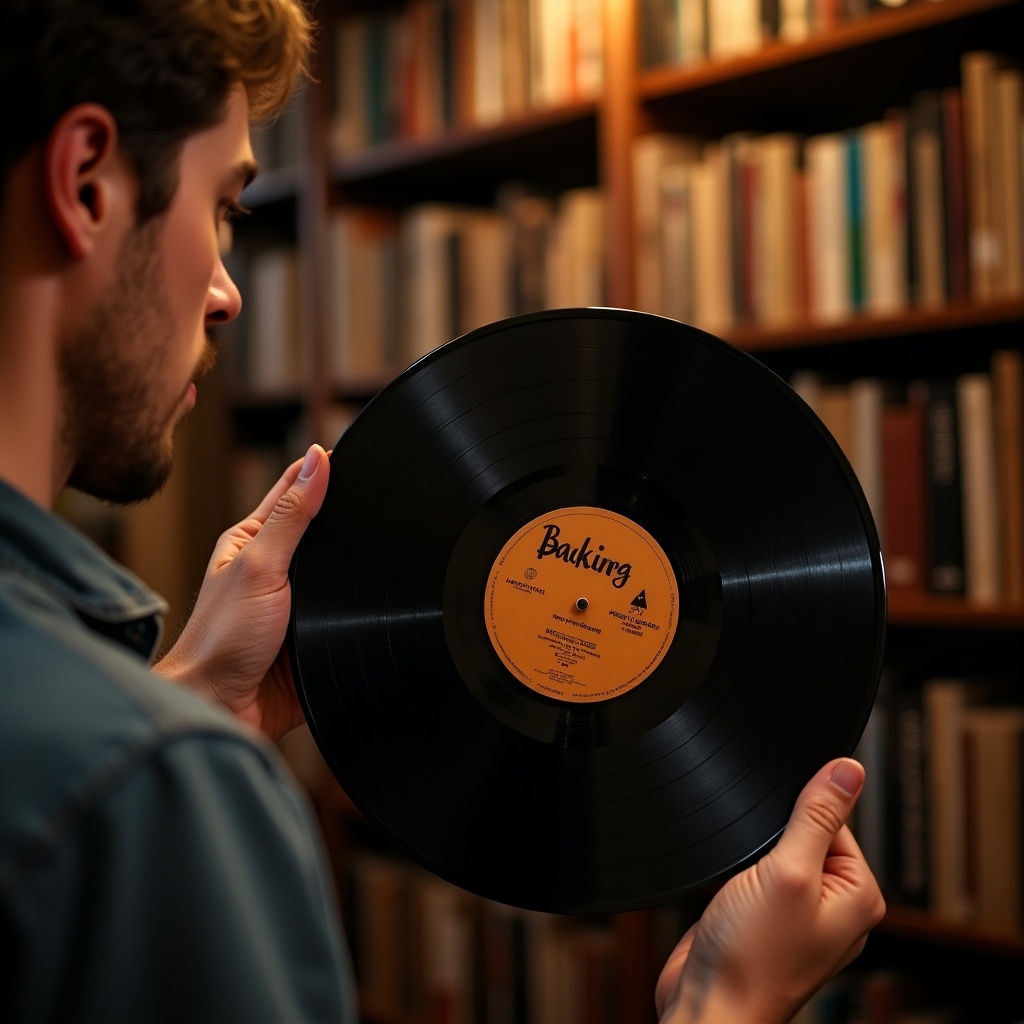 This image features a person carefully holding a vinyl record, showcasing a moment of nostalgia. The record has a distinct label, suggesting a musical theme. In the background, a library filled with books adds depth and context to the scene. The warm lighting creates an inviting atmosphere. This combination of music and literature embodies a cozy lifestyle, appealing to enthusiasts of both mediums.