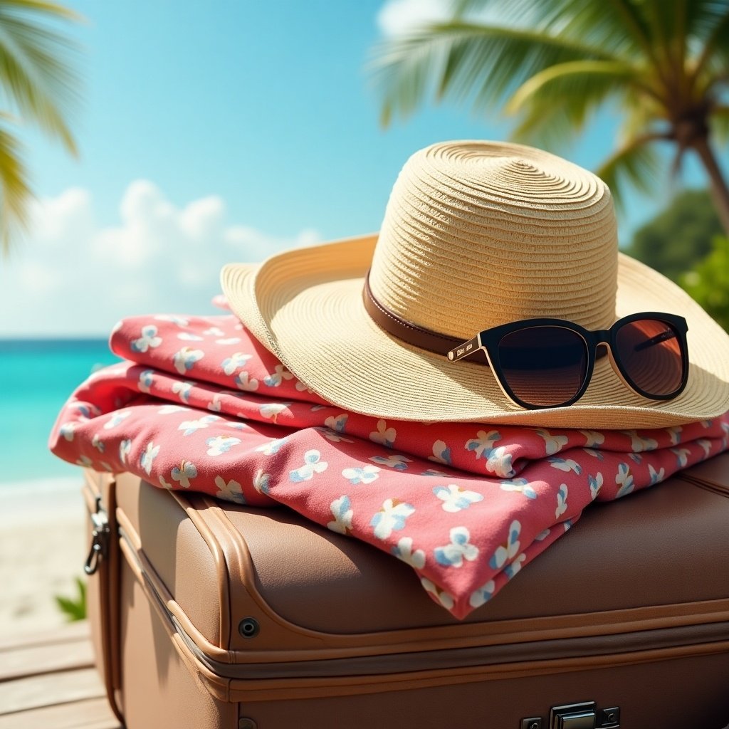 Stylish suitcase, straw hat, sunglasses, floral clothing. Captures essence of summer vacation.