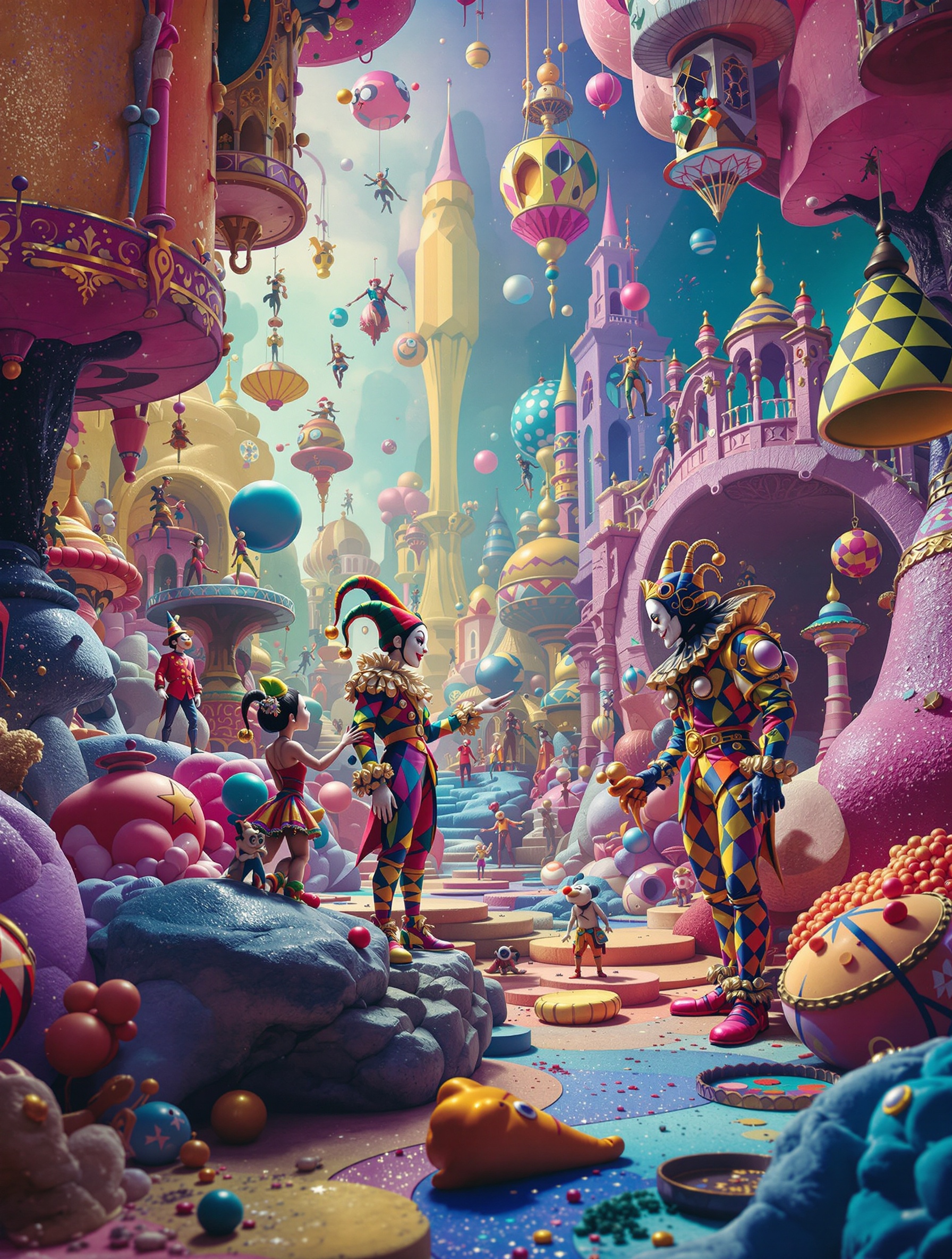 Surreal art scenery featuring a Commedia dell'Arte world. Characters in colorful costumes stand in a vibrant landscape filled with whimsical structures. Digital art style inspired by Wojtek Siudmak.