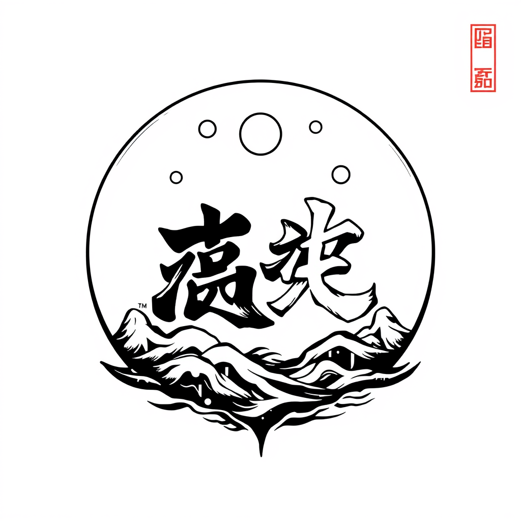 A circular design featuring stylized mountains, Chinese characters, and dots suggesting a celestial theme.