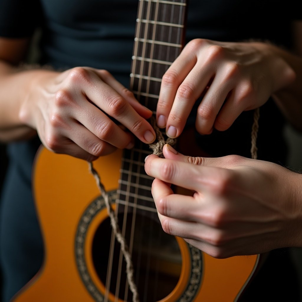 Hands tie rope around guitar neck. Close-up view of hands and guitar. Focus on craftsmanship and details.